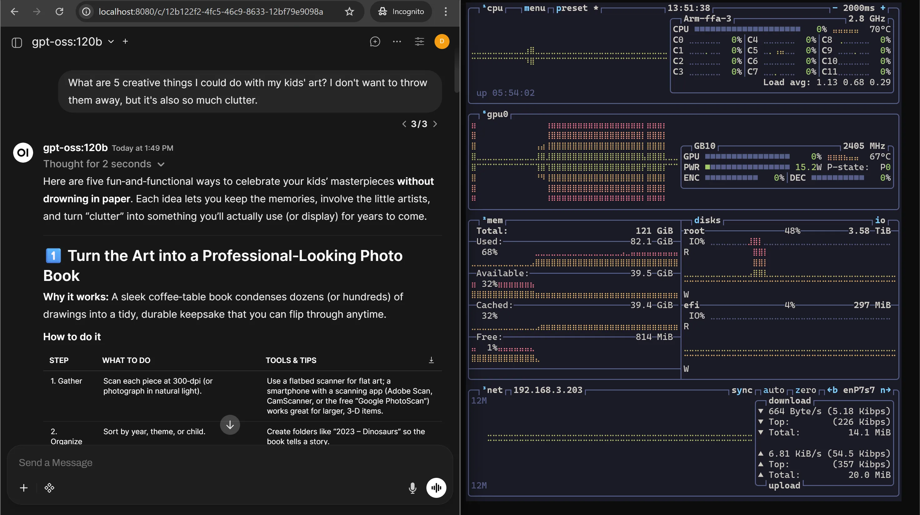 Open WebUI chatting with gpt-oss-120b, btop showing the hardware waking up
