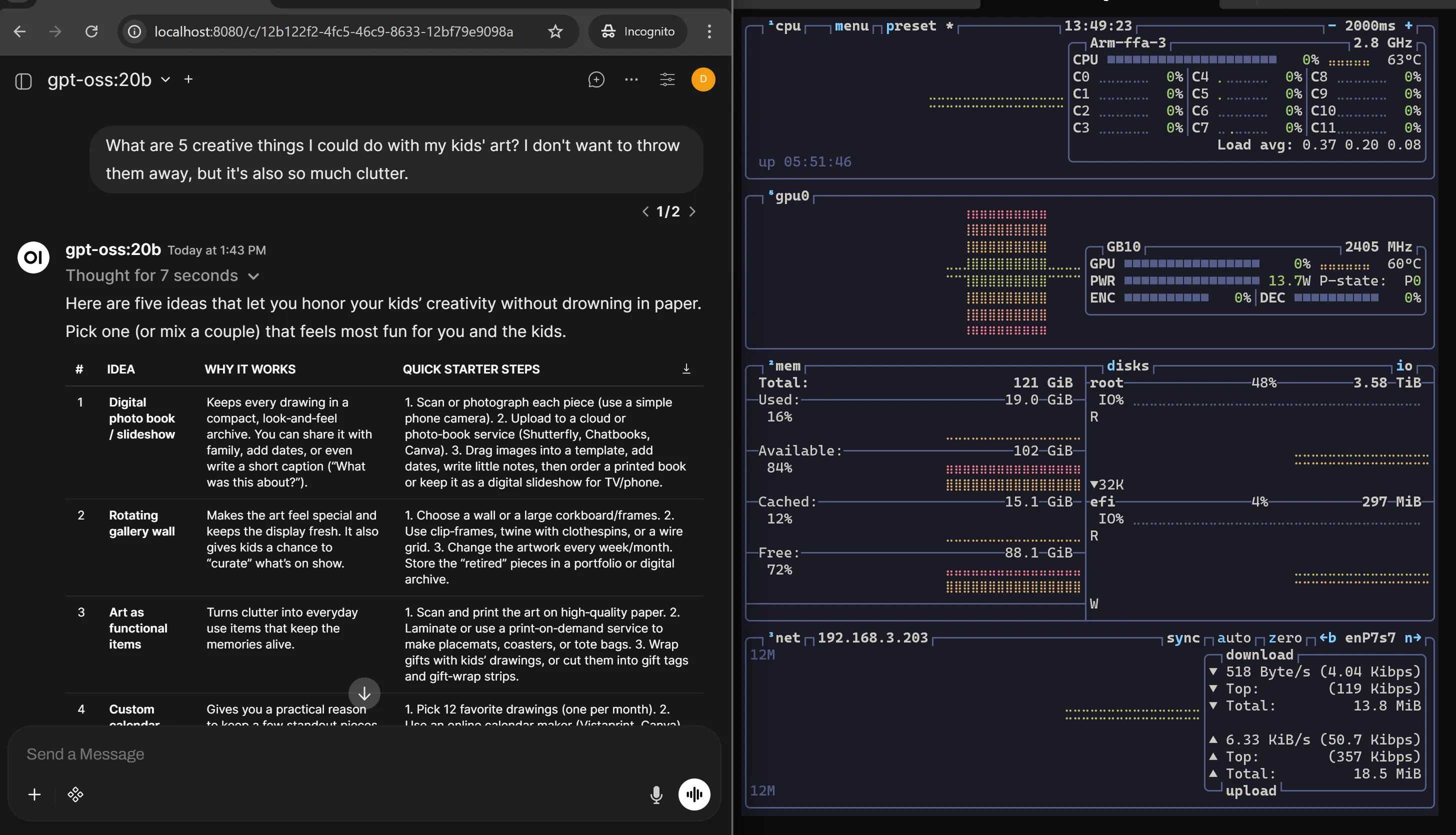 Open WebUI chatting with gpt-oss-20b, btop showing hardware barely breaking a sweat